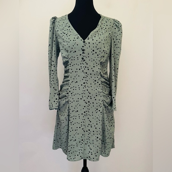 Zara Black Polka Dot V-Neck Long Sleeve Sage Mini Short Dress, Mint Green,Size S - Picture 3 of 15
